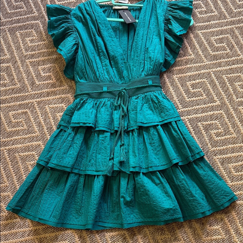 Woman’s' Teal Tiered Ruffle Dress with Waist Tie